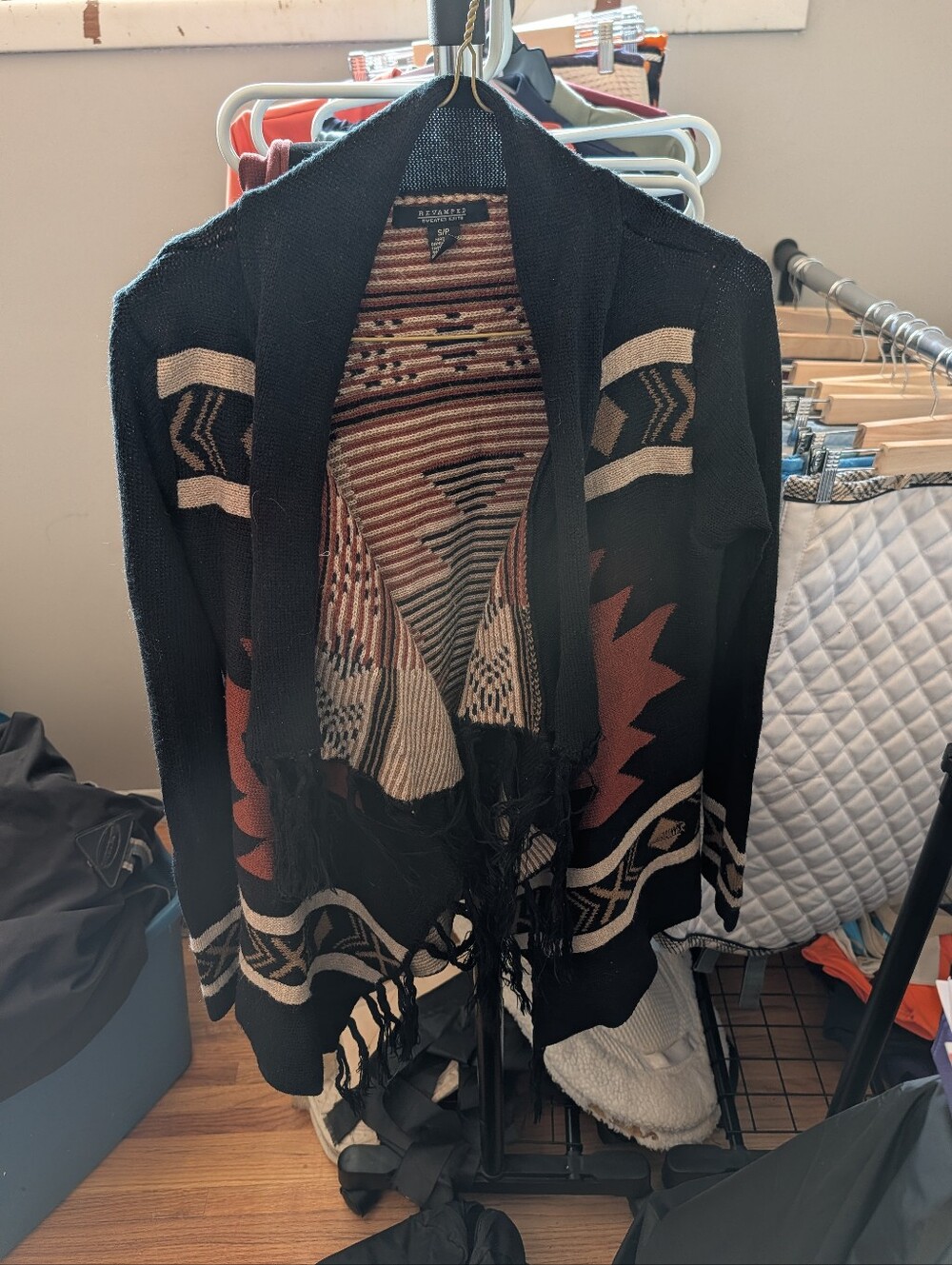 Revamped Black Aztec Fringed Open-Front Cardigan